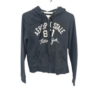 Aeropostale Black Zip Hoodie M Y2K Preppy A87 Logo Embroidered Casual Streetwear